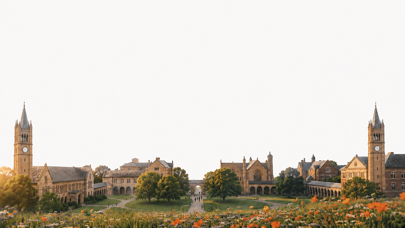 A university campus at golden hour, its clock tower rising over tree-lined quadrangles